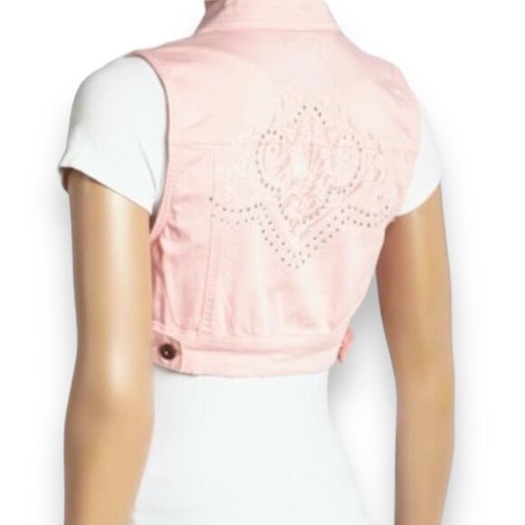 Pink Diamond Studded Sleeveless Cropped Jean Jackets NEW - Picture 1 of 4